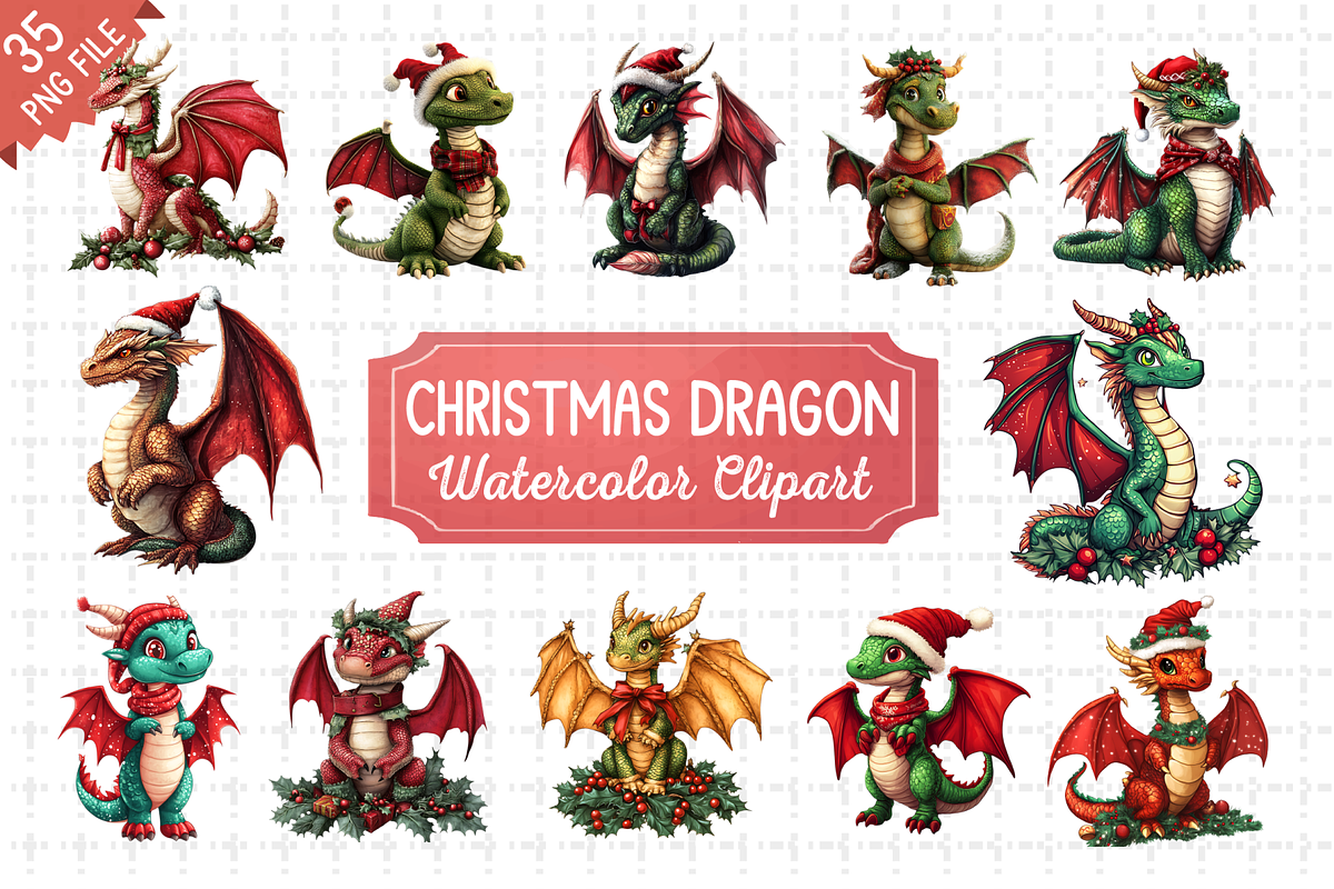 Christmas Dragon Watercolor Bundle, an Animal Illustration by RaiihanCrafts