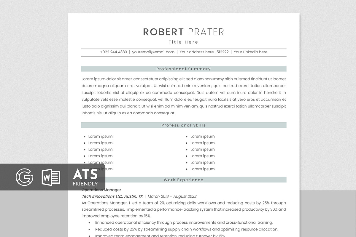 ATS Friendly Resume Template, a Resume Template by Anjum Ilyas (Photo 1 of 8)