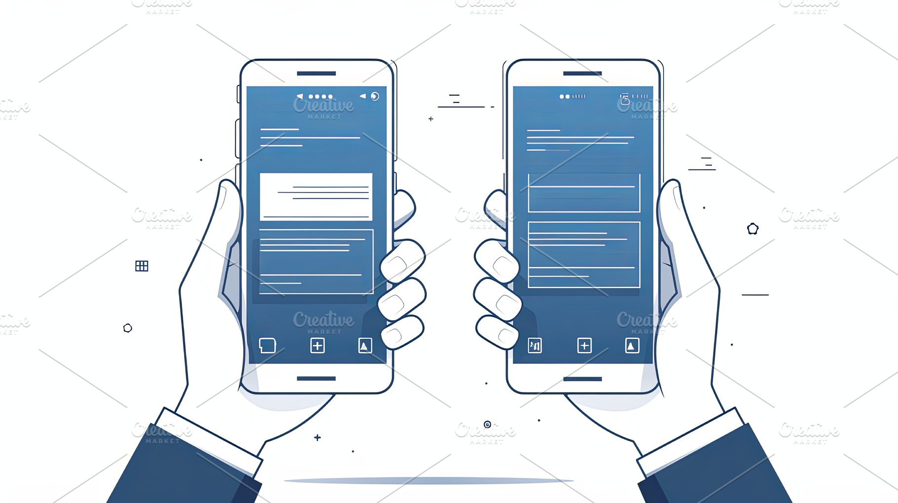 Hands holding smartphones displaying messaging apps in minimalist vector drawin, a Photo by AS photostudio