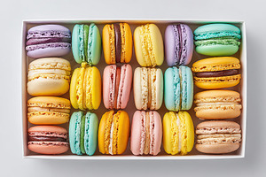 Colorful assorted macarons in a beautiful arrangement inside a box, a Food & Drink Photo by AlyaAnd