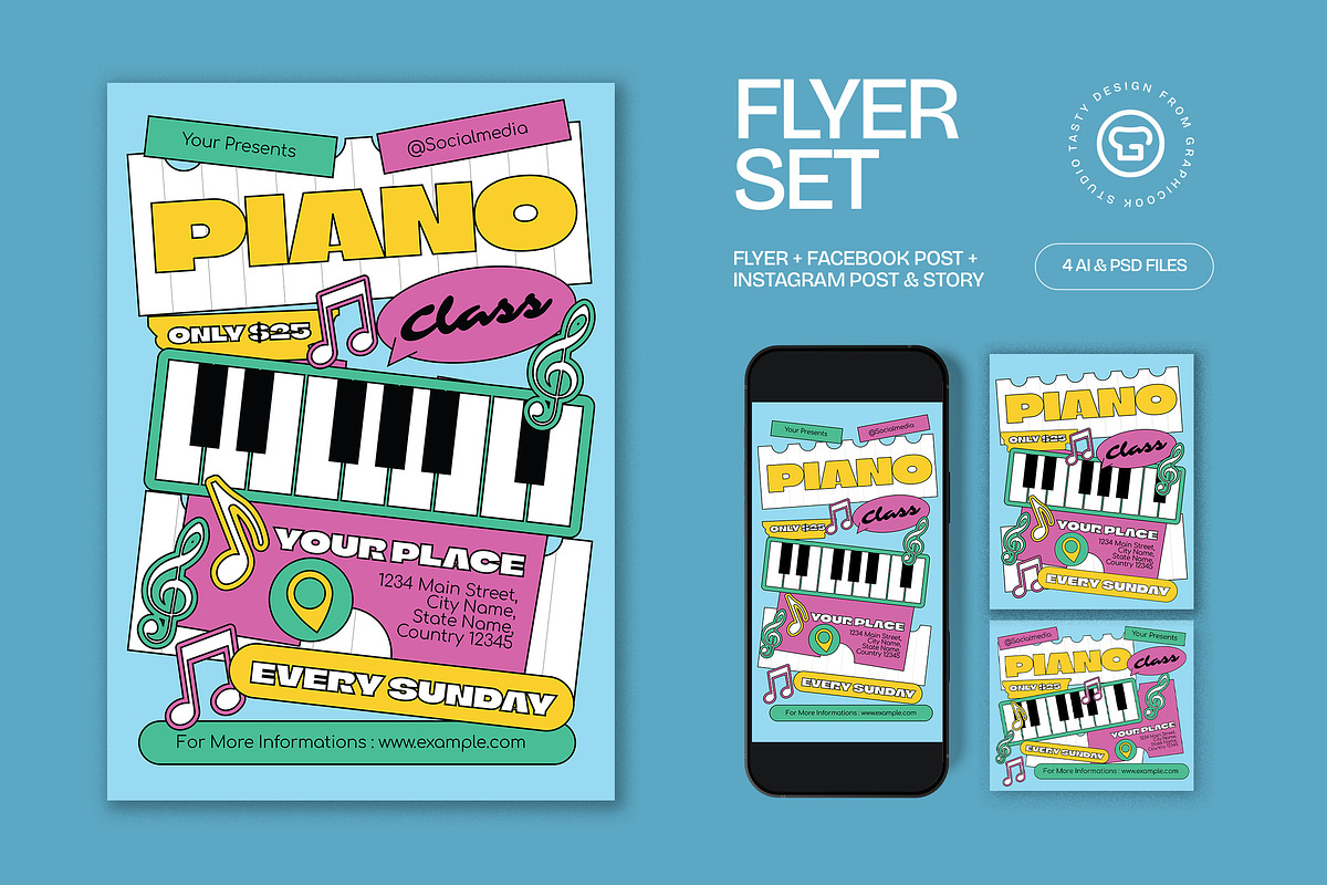 Blue White Piano Class Flyer Set, a Flyer Template by graphicook (Photo 1 of 3)