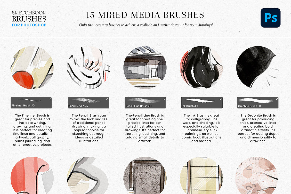 Sketchbook Photoshop Brushes, a Brush Add-On by Julia Dreams (Photo 6 of 7)