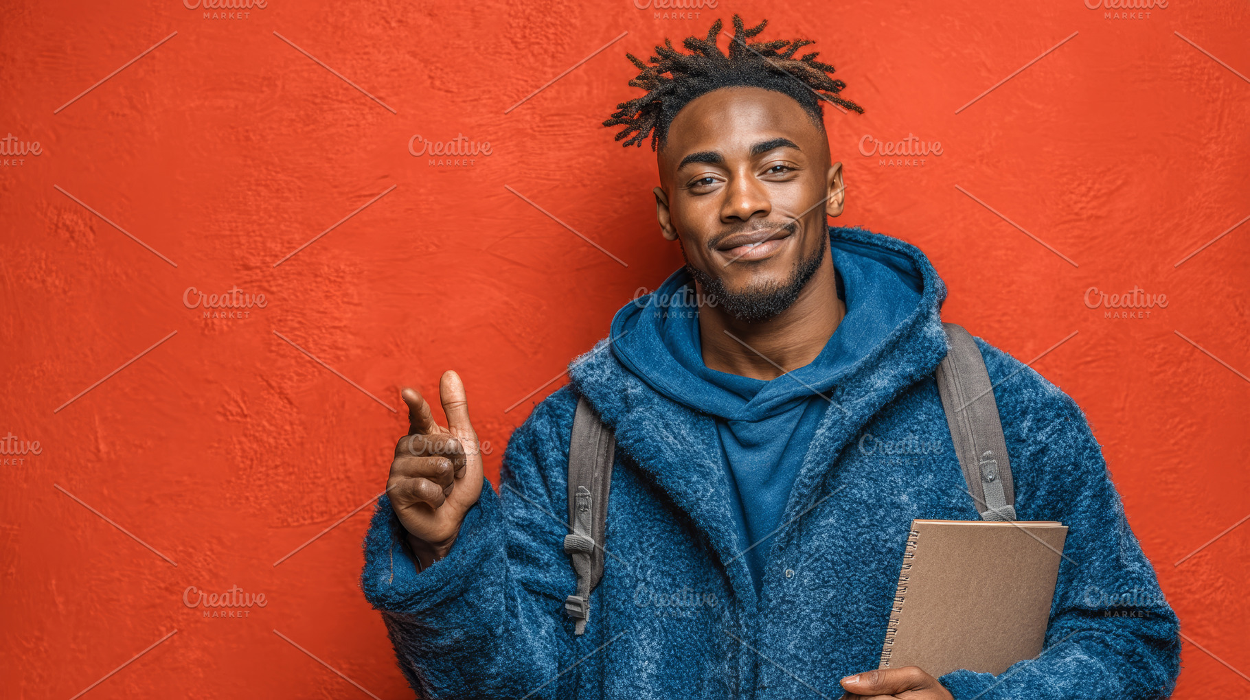 Confident young student holding a notebook in front of a vivid red wall, a Photo by AS photostudio