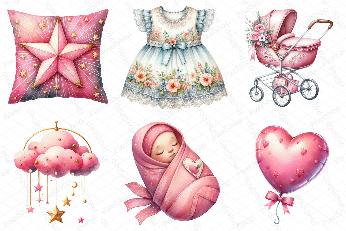Watercolor Pink Baby Shower Clipart, an Illustration by DreamPrint404 (Photo 4 of 6)