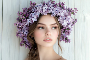 Beauty model girl with wreath on her head from purple lilac flowers, a Person Photo by AlyaAnd