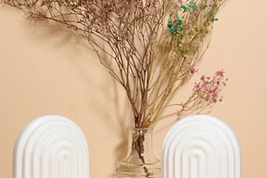 A vase with dried flowers and two white fluted arches on a beige, a Background Photo by ndanko