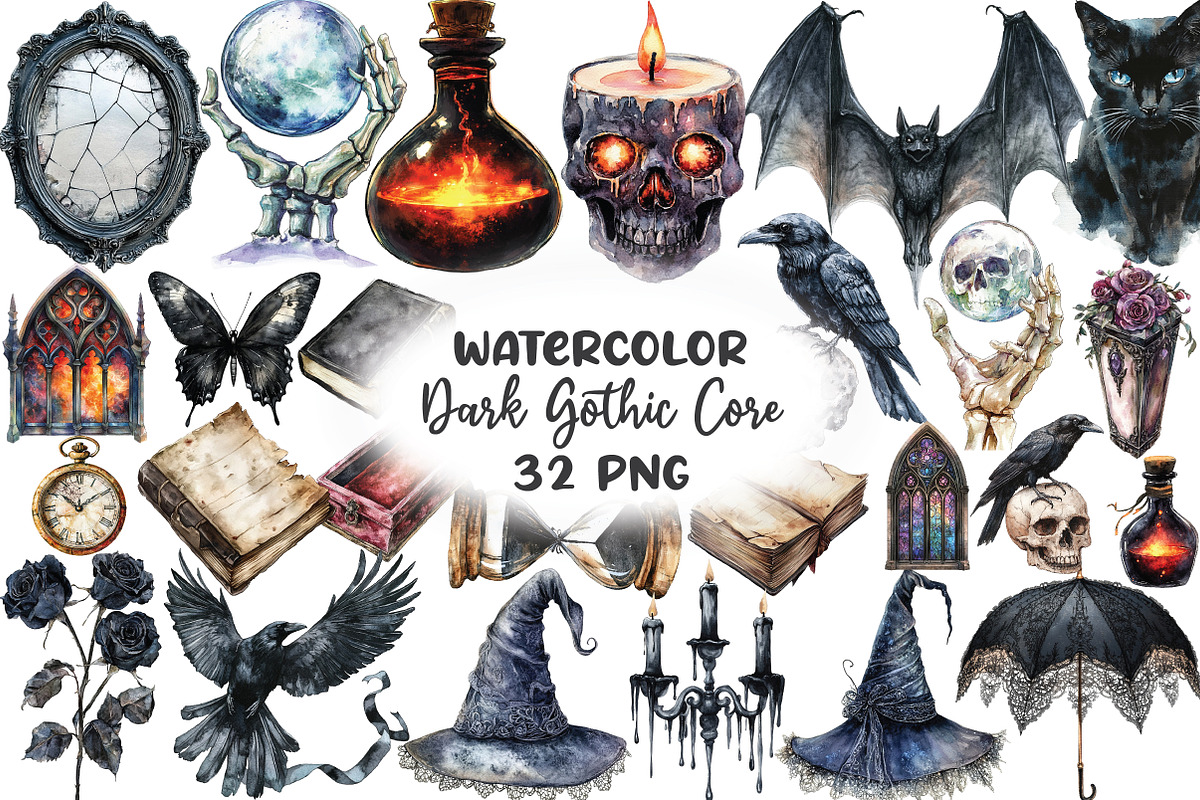Watercolor Dark Gothic Core Clipart, an Illustration by CraftArtStudio (Photo 1 of 6)