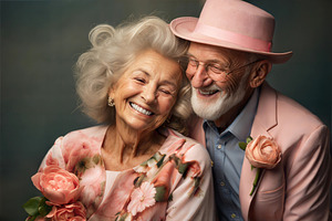 Elderly couple smiling warmly, dressed in pink and floral attire., a Person Photo by ImageMir