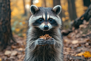 Raccoon enjoying a snack in the fore, an Animal Photo by Pixeness Studio