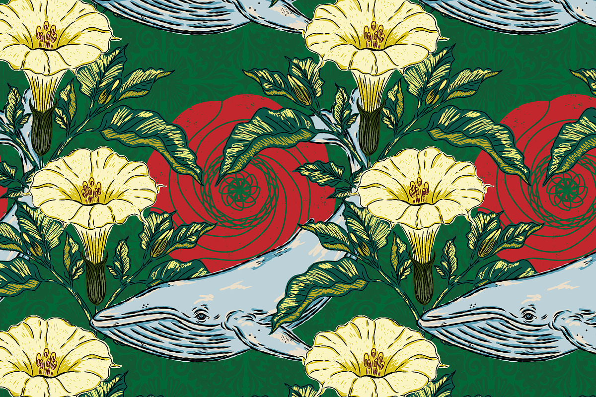 Asian Inspired Whale Datura Pattern, a Pattern Graphic by NayaChu (Photo 3 of 11)