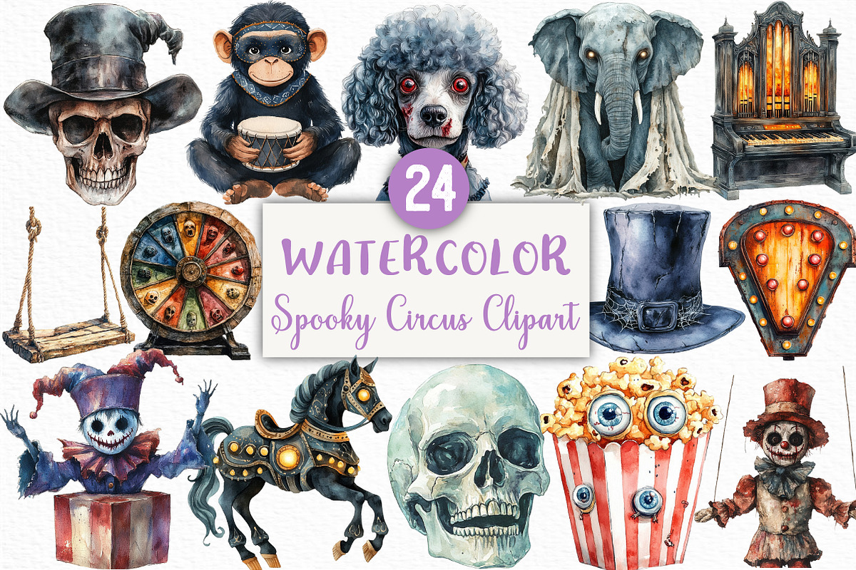 Watercolor Spooky Circus Clipart, an Illustration by Craft Nest (Photo 1 of 6)