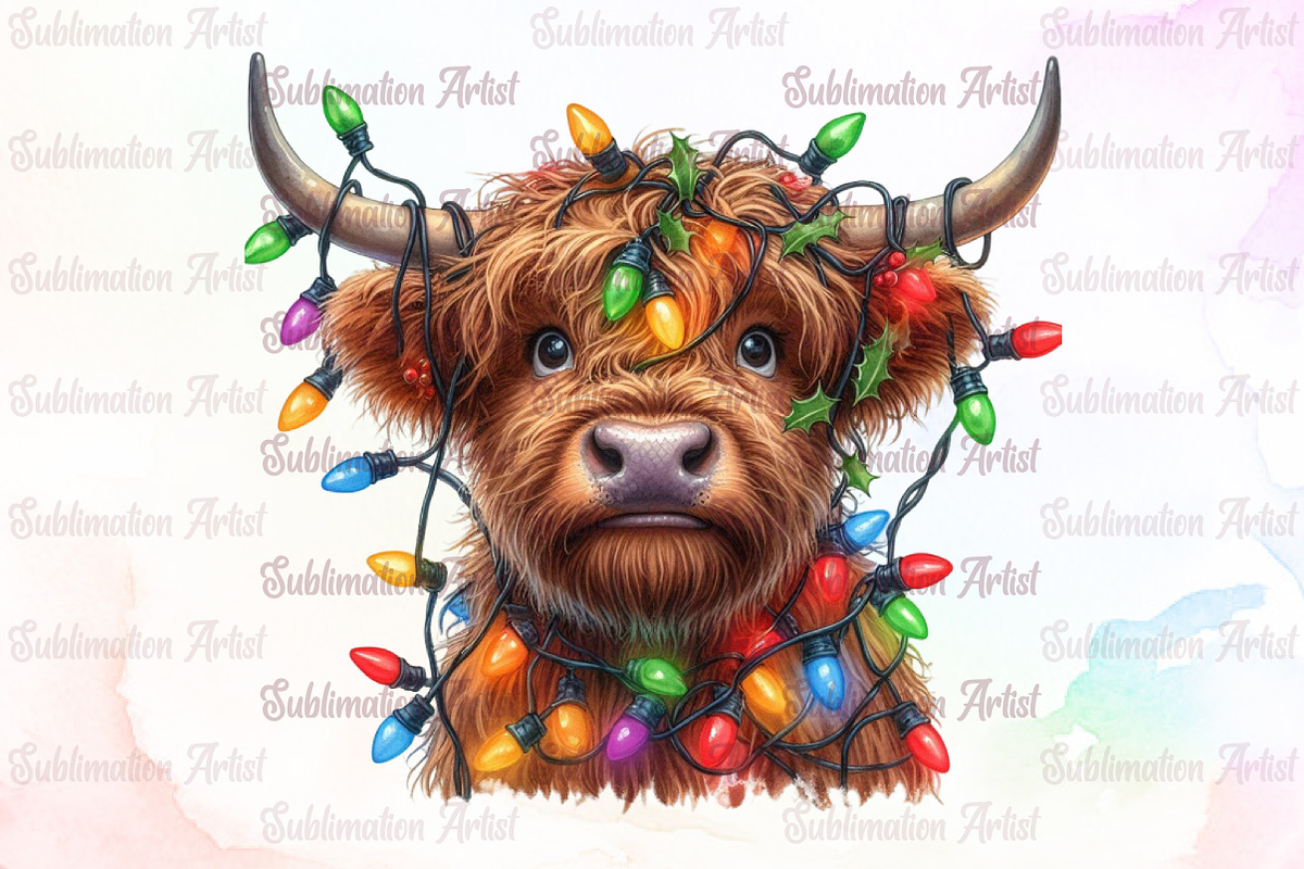 Christmas Lights Highland Cow PNG, an Illustration by Sublimation Artist (Photo 1 of 9)