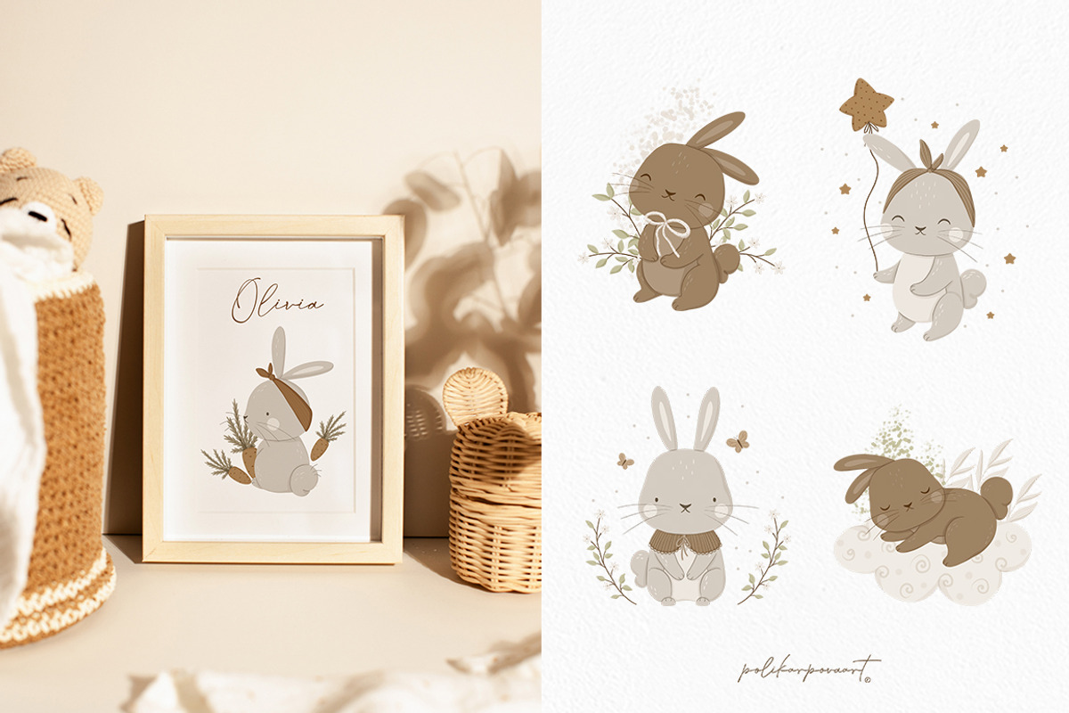 Baby Rabbit illustration & patterns, an Animal Illustration by polikarpovaart (Photo 4 of 12)