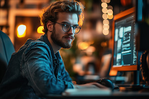 A young man IT Evangelist with glasses sitting at a desk, focused on his comput, a Person Photo by Textures & Backgrounds