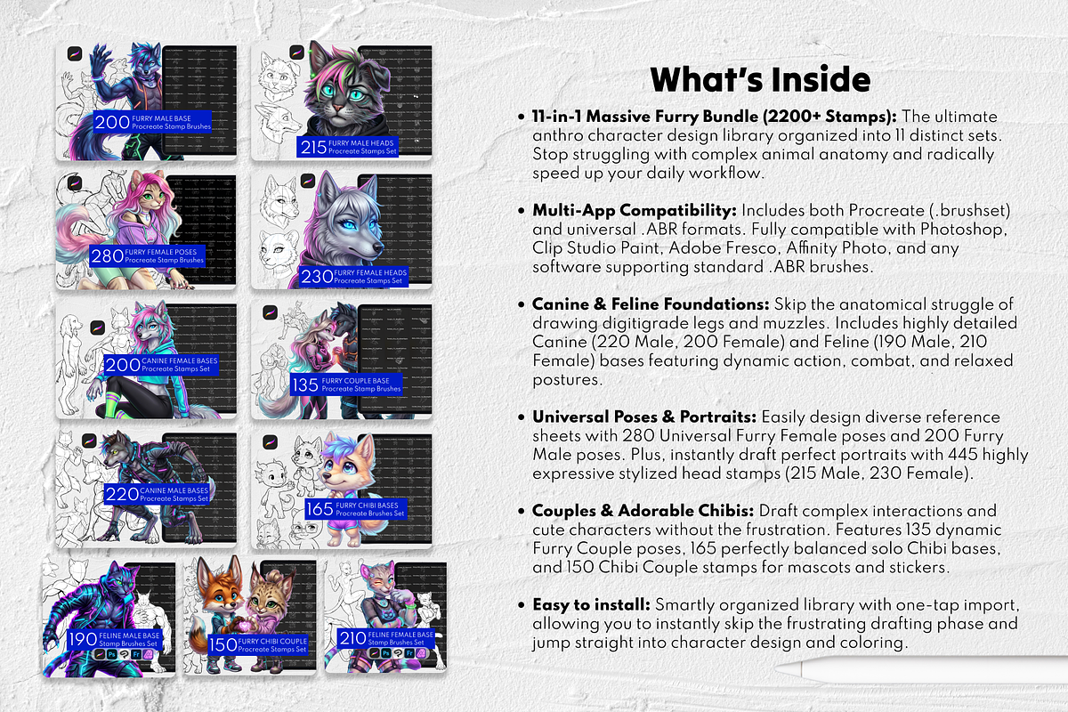Furry Base Procreate Stamps, a Brush Add-On by Selentaori Studio (Photo 2 of 17)