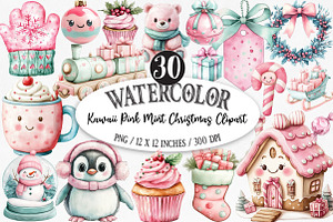 Kawaii Pink Mint Christmas Clipart, an Illustration by Designking