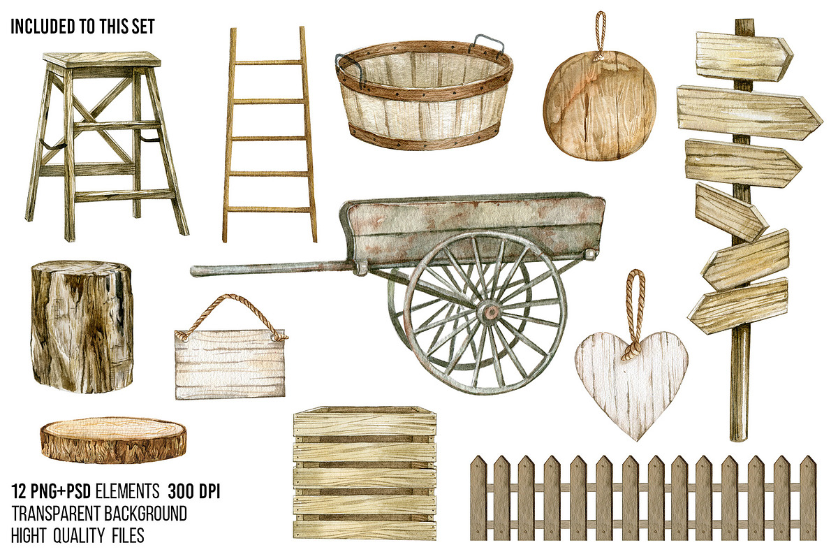 Watercolor rustic wooden clipart, an Object Illustration by yana.fefelova (Photo 2 of 4)