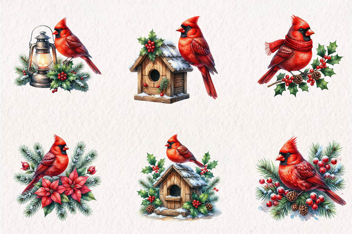 Watercolor Red Cardinal Clipart, a Seasonal Illustration by CreationArt (Photo 3 of 7)