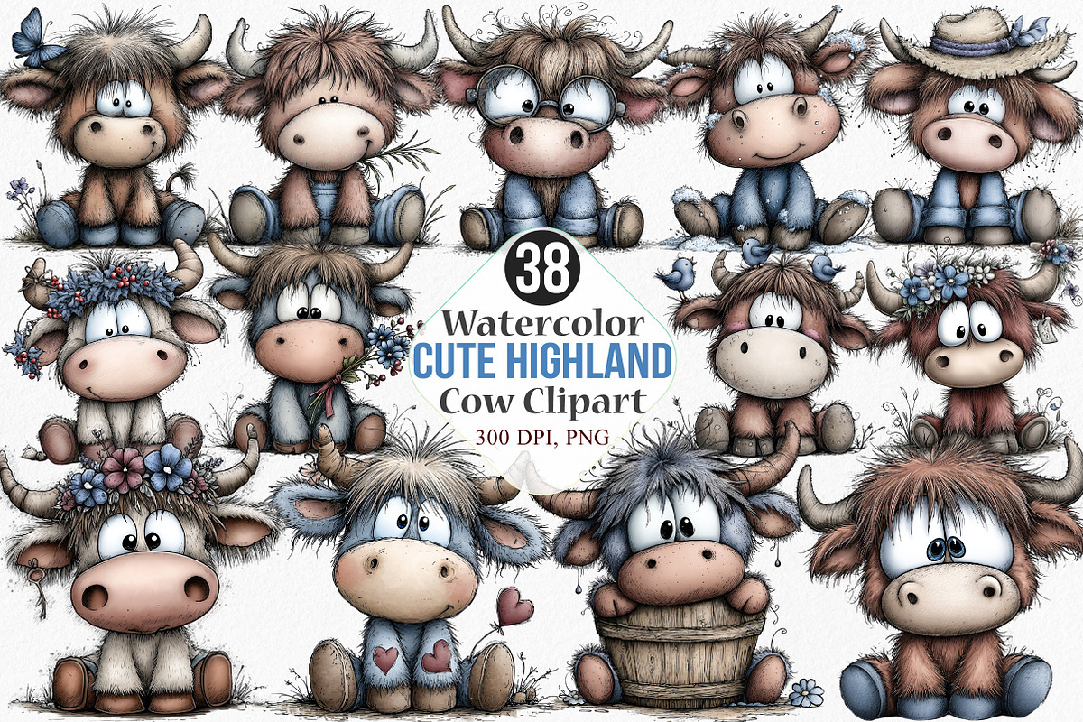 Watercolor Cute Highland Cow Clipart, an Illustration by Canvas Craft (Photo 1 of 7)