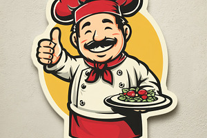Cartoon chef smiling and giving thumbs up while holding a plate, a Person Photo by José Manuel Gelpi
