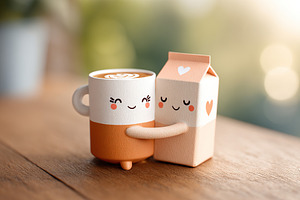 Cute cup hugging a soft beige milk carton with a happy expression, a Food & Drink Photo by AlyaAnd