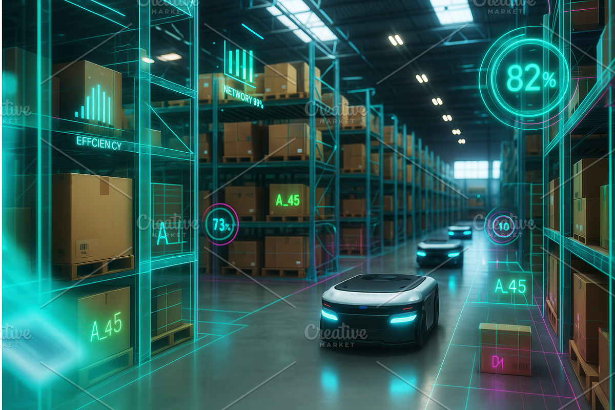 Futuristic warehouse with autonomous, a Technology Illustration by Sergey Kotenev
