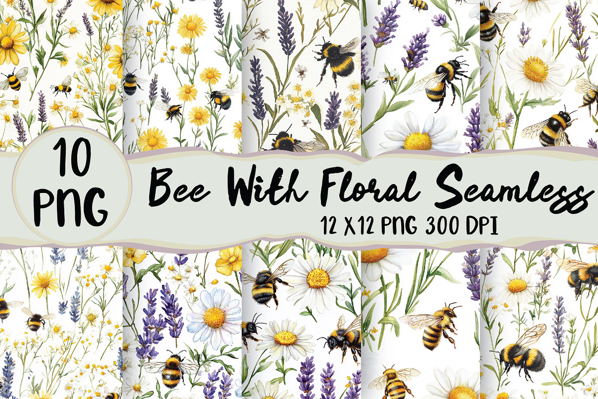 Watercolor Bee With Floral Seamless, a Seasonal Illustration by Daily.Designs (Photo 1 of 3)