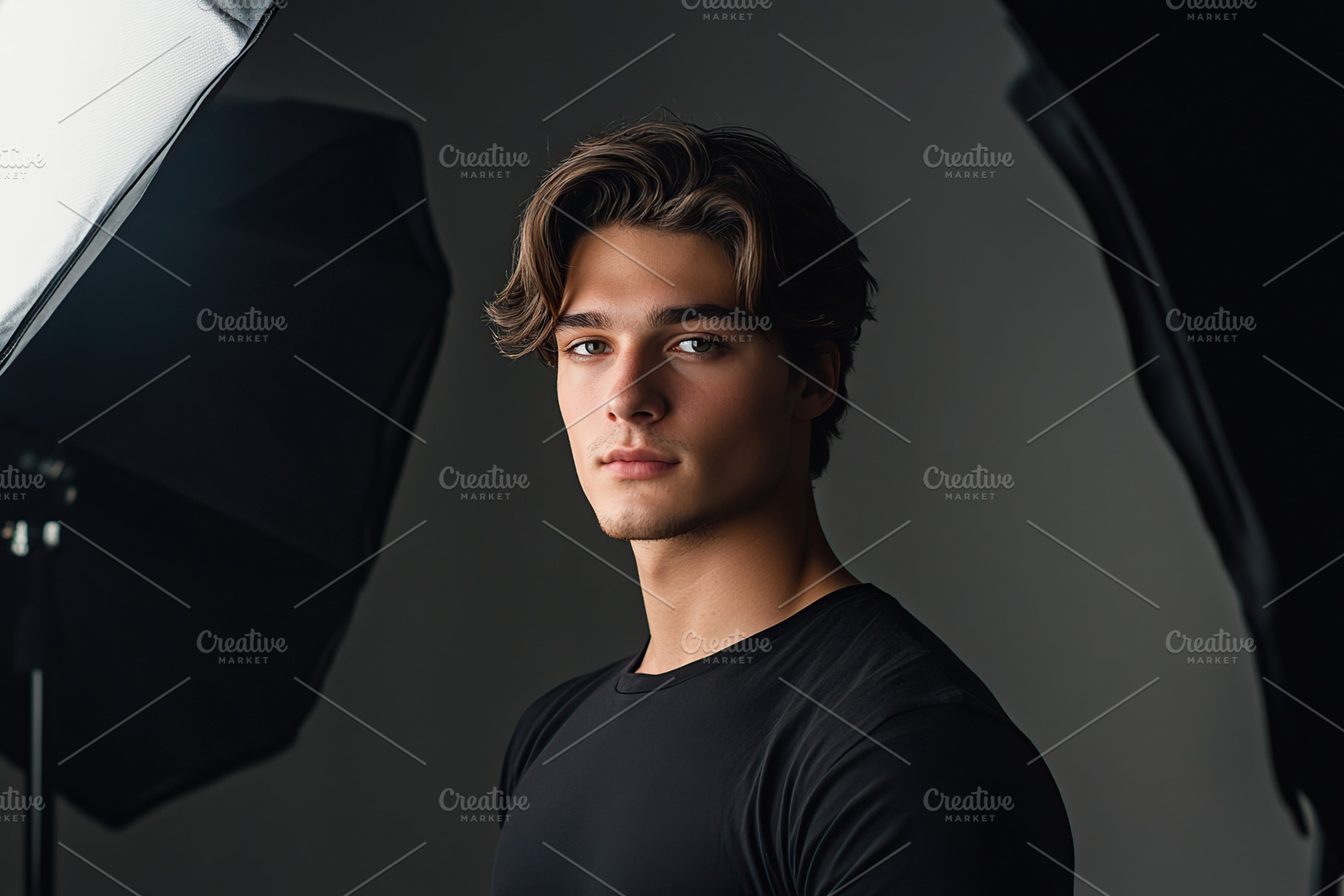 Model man posing and looking at camera in professional photo stu, a Person Photo by AlyaAnd