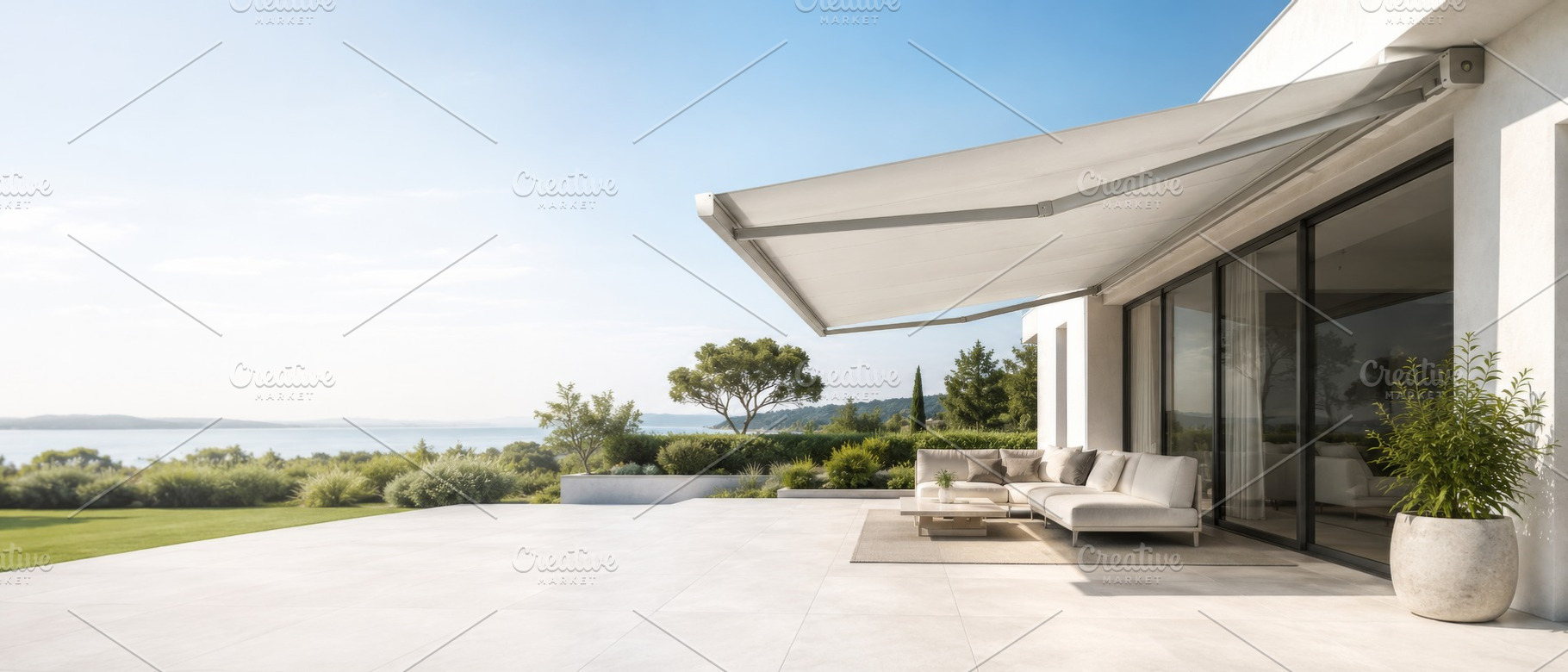 Modern patio with outdoor seating an, a Photo by Dvoevnore photos