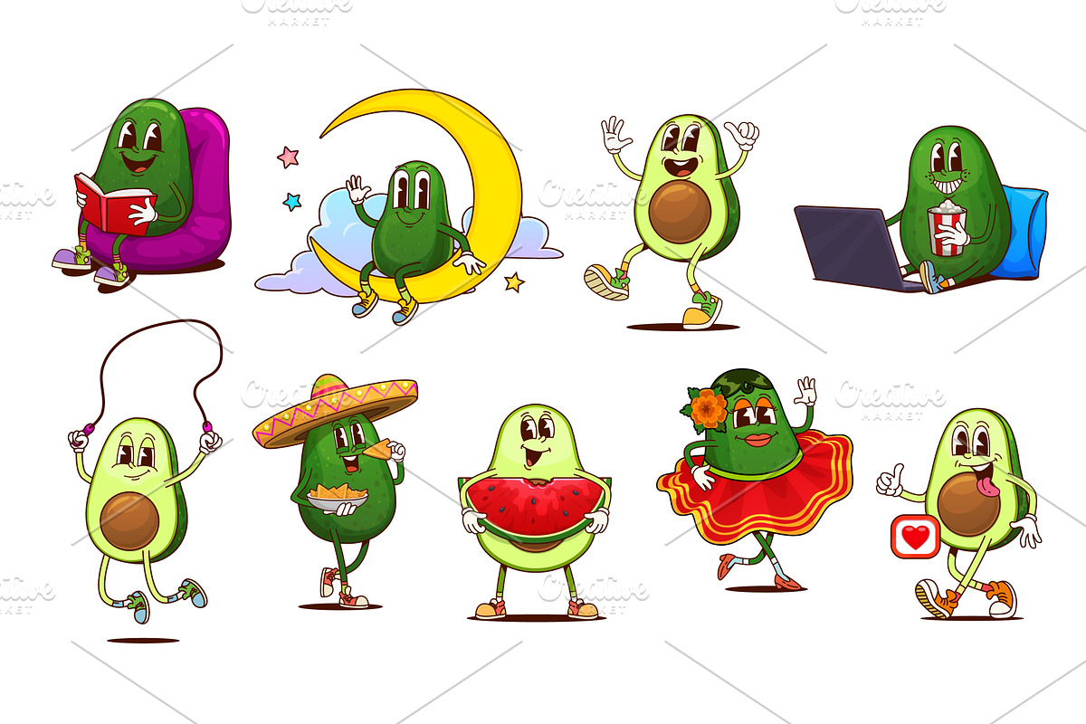 Cartoon groovy mexican avocado, a Food Illustration by Vector Tradition