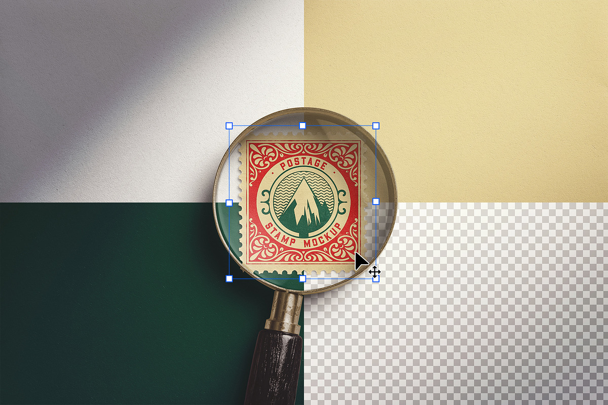 Postage Stamp Under Magnifying Glass, an Advertising Mockup by Custom Scene (Photo 4 of 11)