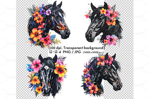 Black horse head with flowers