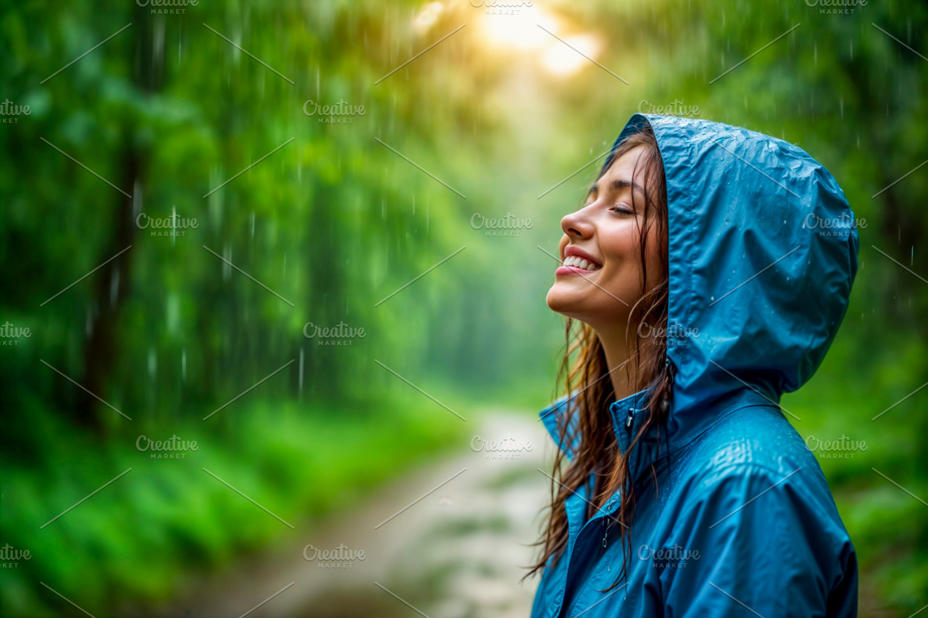 Joyful woman in a raincoat, a Photo by rarrarorro