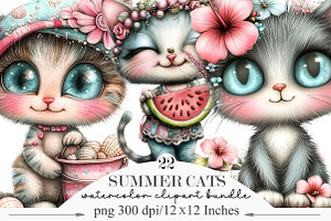 Whimsical Summer Cats Clipart, an Illustration by Designking