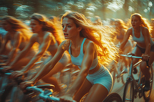 Cyclists compete in a vibrant urban, a Photo by Tanuart
