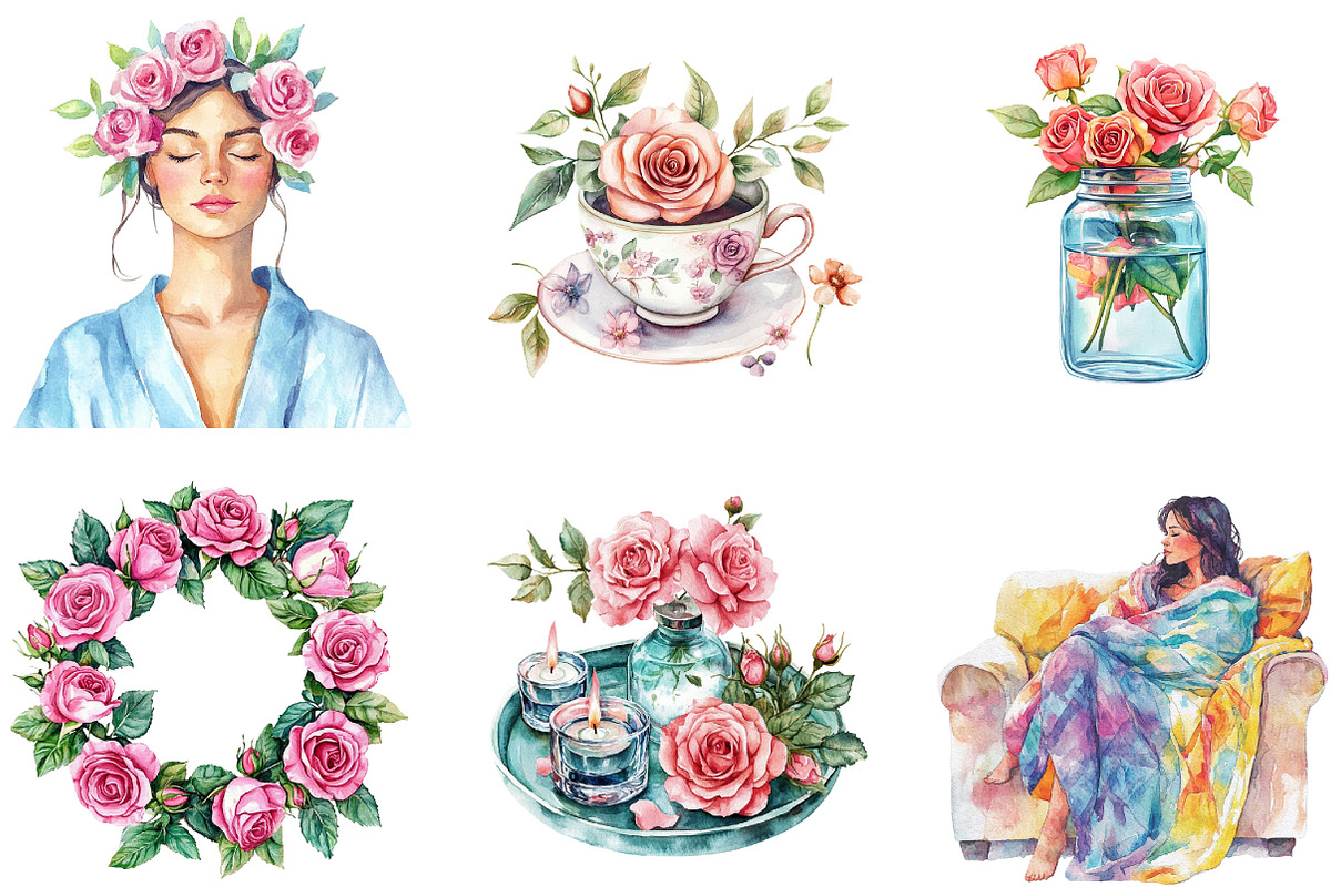 Watercolor Rose Relaxation Clipart, an Illustration by Designking (Photo 5 of 5)
