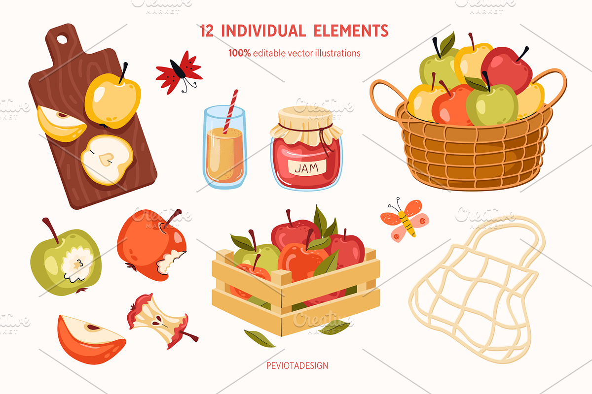 Sweet apples vector collection, a Food Illustration by Peviotadesign (Photo 5 of 11)