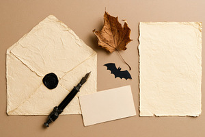 Vintage Halloween correspondence flat lay with envelope and foun, a Background Photo by José Manuel Gelpi