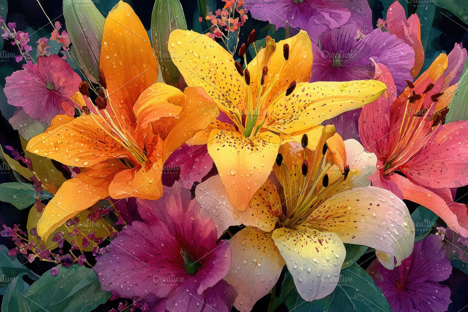 Dew-kissed lilies and vibrant flower, a Photo by Pixeness Studio