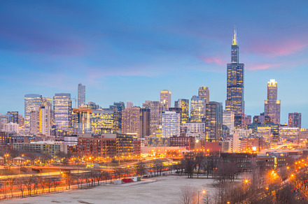 Downtown chicago skyline at sunset Illinois