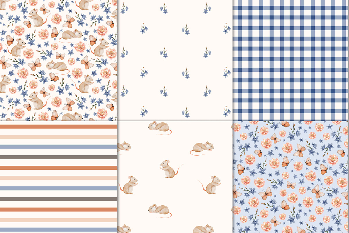 Seamless patterns cute mous, flowers, a Pattern Graphic by Pattern + watercolor (Photo 2 of 13)