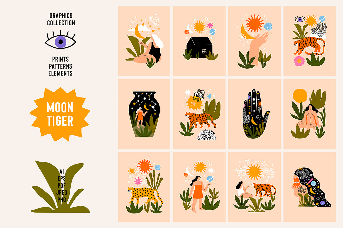 Moon Tiger Playful Graphics Bundle, an Illustration by Katerina Osa (Photo 1 of 13)