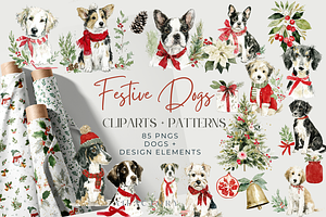 Christmas Watercolor Dogs Clipart