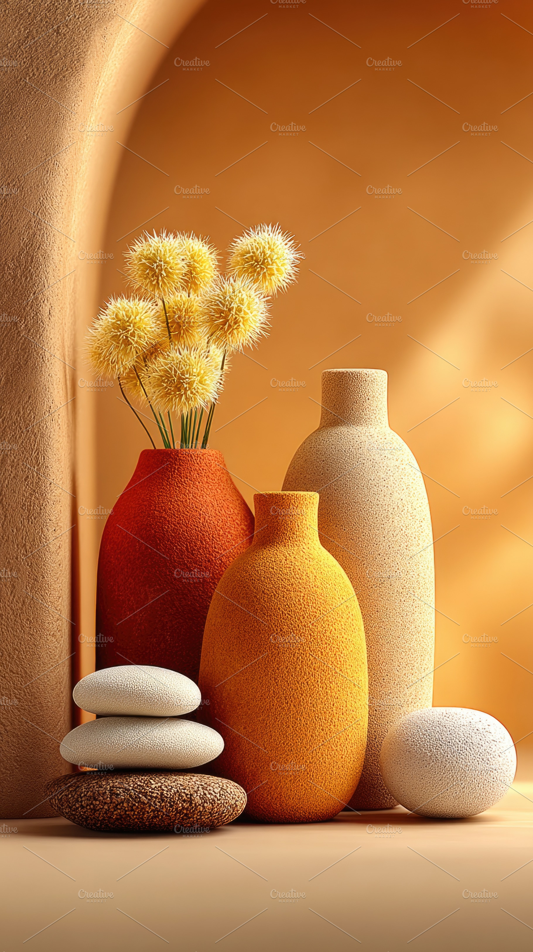 Warm Ceramic Vases with Dried Flowers and Smooth Spa Stones, a Background Photo by José Manuel Gelpi