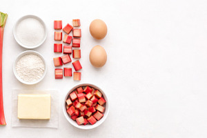 Rhubarb baking ingredients and eggs, a Photo by Dvoevnore photos
