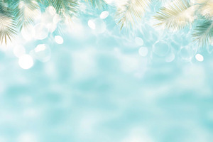 Blurred blue ocean water background of exotic beach with palm le, a Photo by Dvoevnore photos