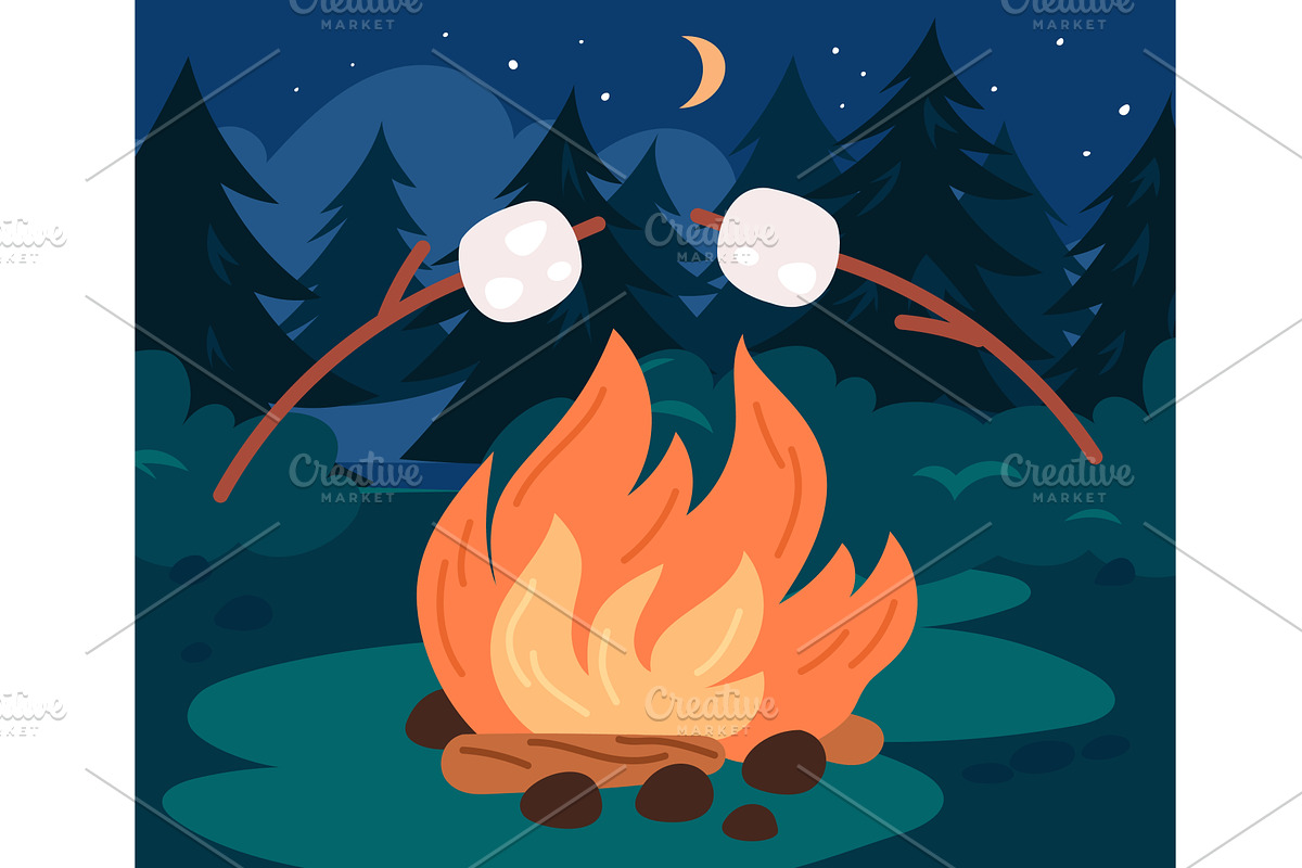 Camping with burning fire and, an Illustration by Vectorbuum