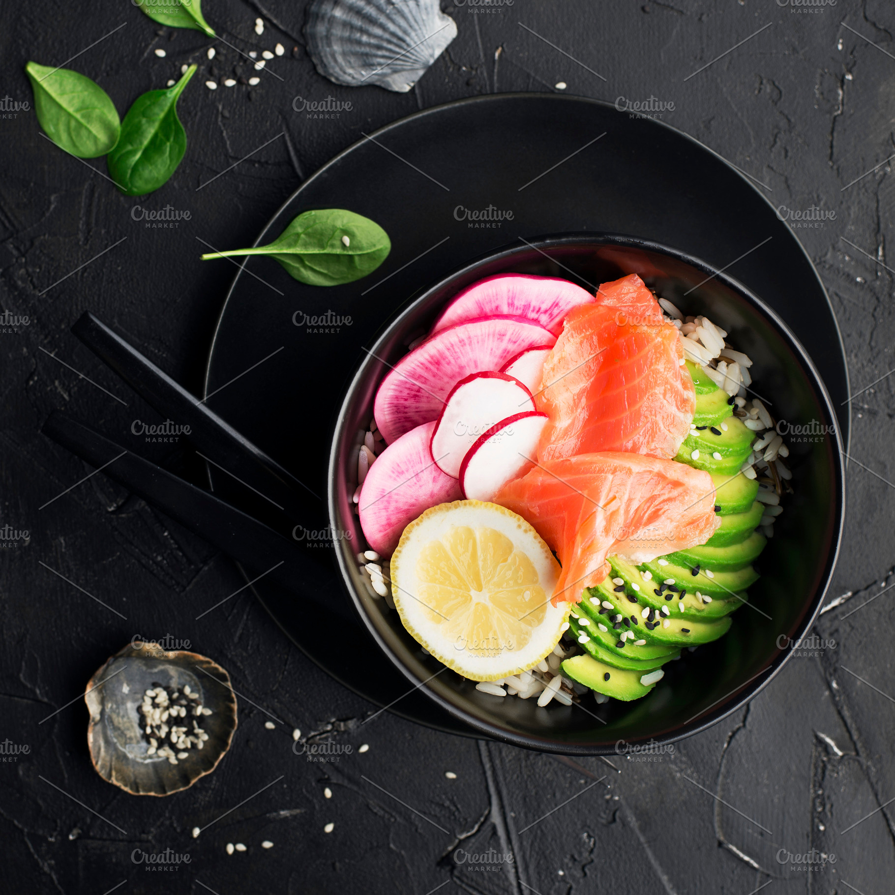 Fresh seafood meal poke gravlax stock photo containing authentic and avocado, a Food & Drink Photo by IleishAnna