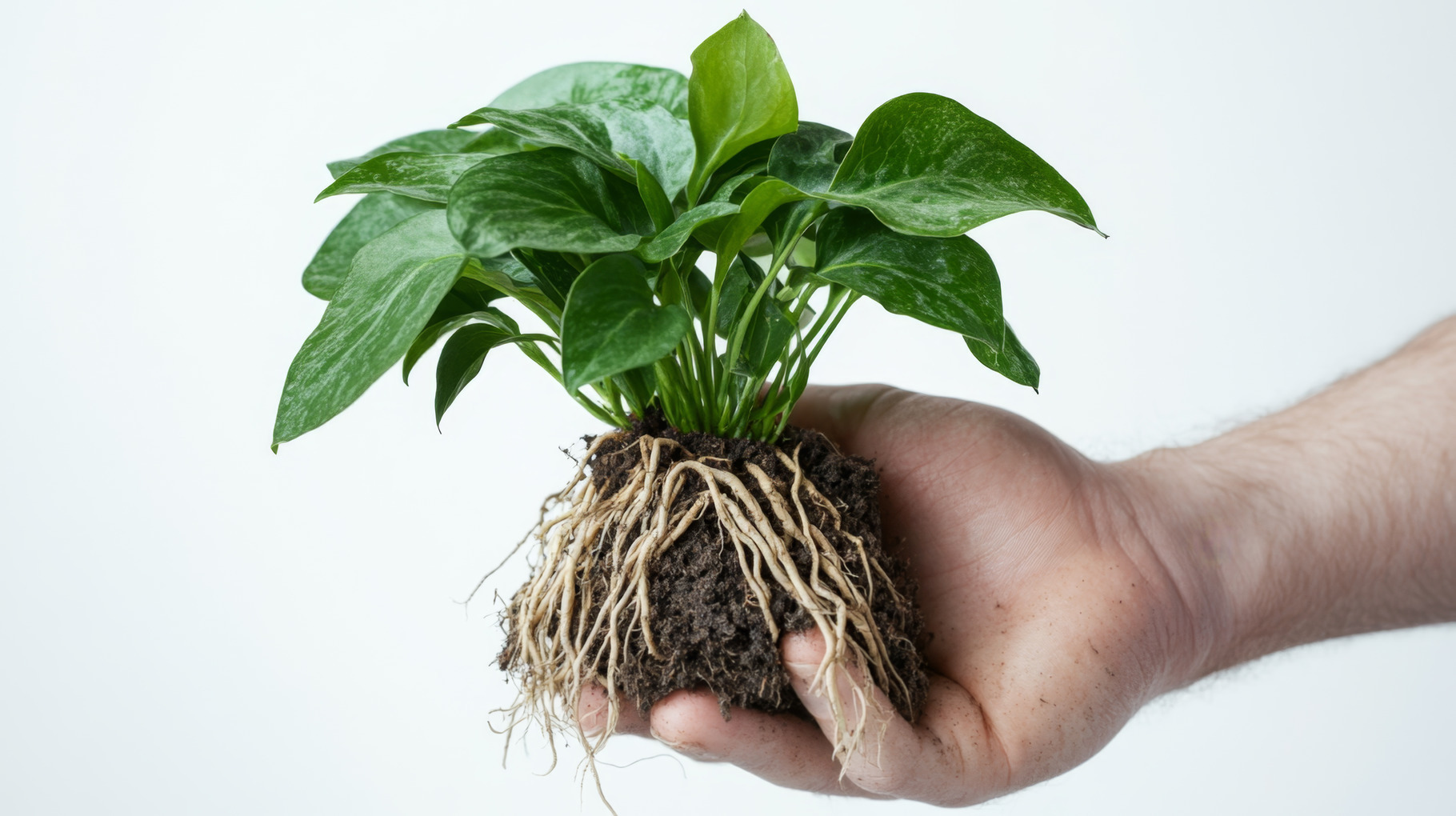 Hand holding healthy green plant with roots and soil, an Abstract Photo ...