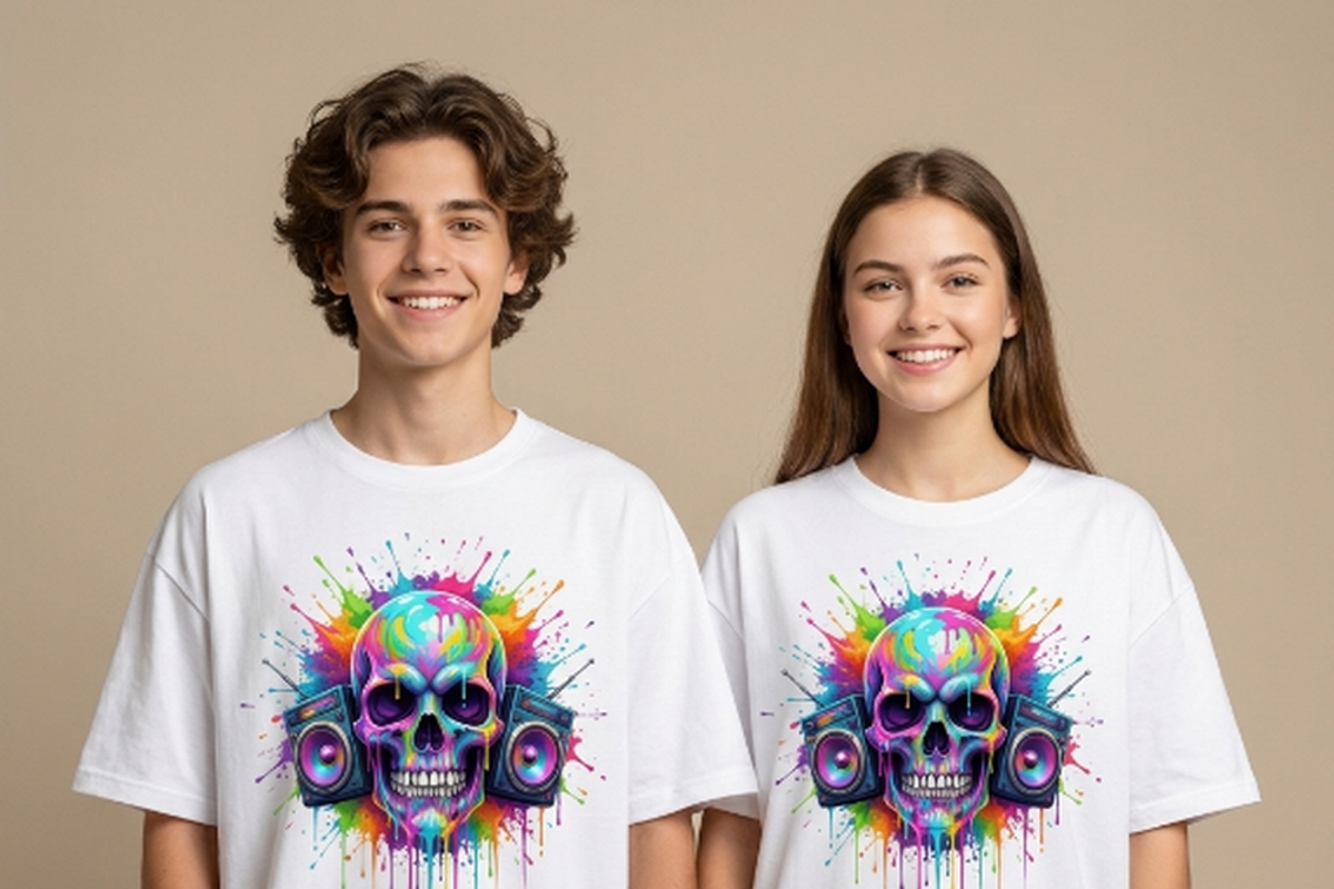 Neon Boombox Skull Splash Art, a Shirt Mockup by Vector Stall (Photo 6 of 15)